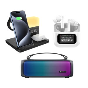 מארז שלישייה – רמקול, אוזניות ועמדת טעינה