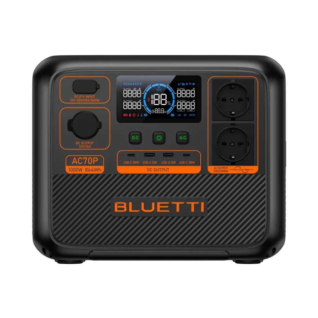תחנת כוח ניידת BLUETTI AC70P – 1000W 864Wh עם שקע 3 פינים ישראלי