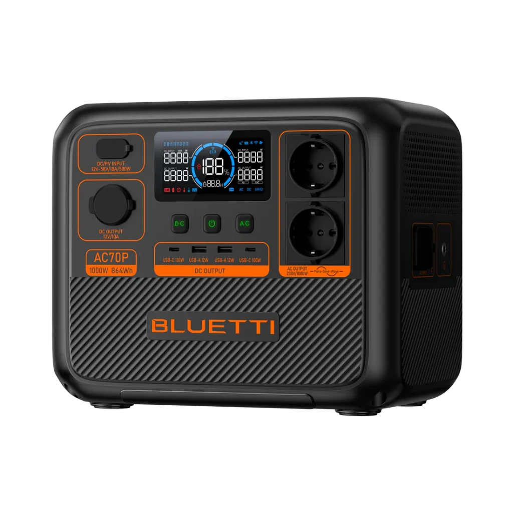 תחנת כוח ניידת BLUETTI AC70P – 1000W 864Wh עם שקע 3 פינים ישראלי